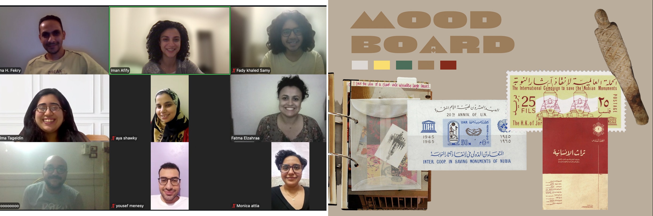 Left: Fatma Elzahraa hosting a community call with Egyptian peers to gather feedback and test the concepts in her atlas. Right: : A visual moodboard created by Fatma Elzahraa to guide the design for her atlas. | Courtesy of the artist, Fatma Elzahraa / DRR “Re-Rooted” Project 