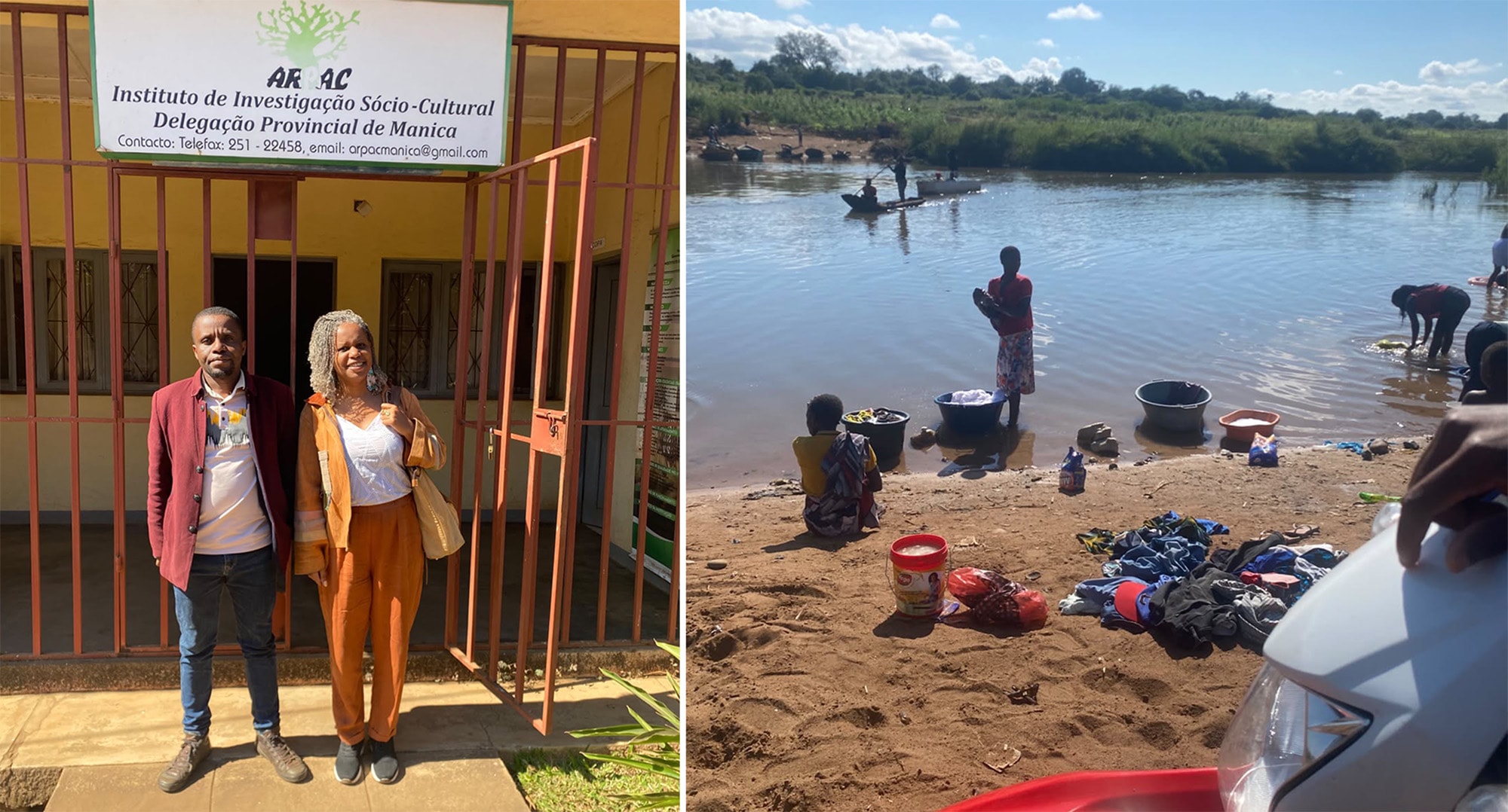 Left:  Artist Wacelia conducting archival research and consultations at ARPAC (Institutode Investigação Sócio-Cultural) to contextualise local history. Right:  : Local women gathering at the Buzi river in Mozambique, reflecting the vital role of water as a sacred and everyday site for community life, washing and gathering. | Courtesy of the artist, Wacelia Zualo / DRR “Re-Rooted” Project