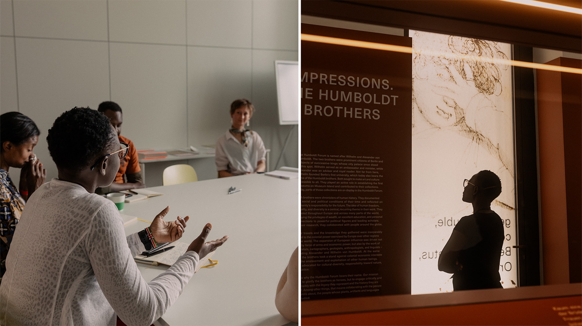 ophia Bokop on restitution and provenance; right: Immersed in the exhibition at the Humboldt Forum.
