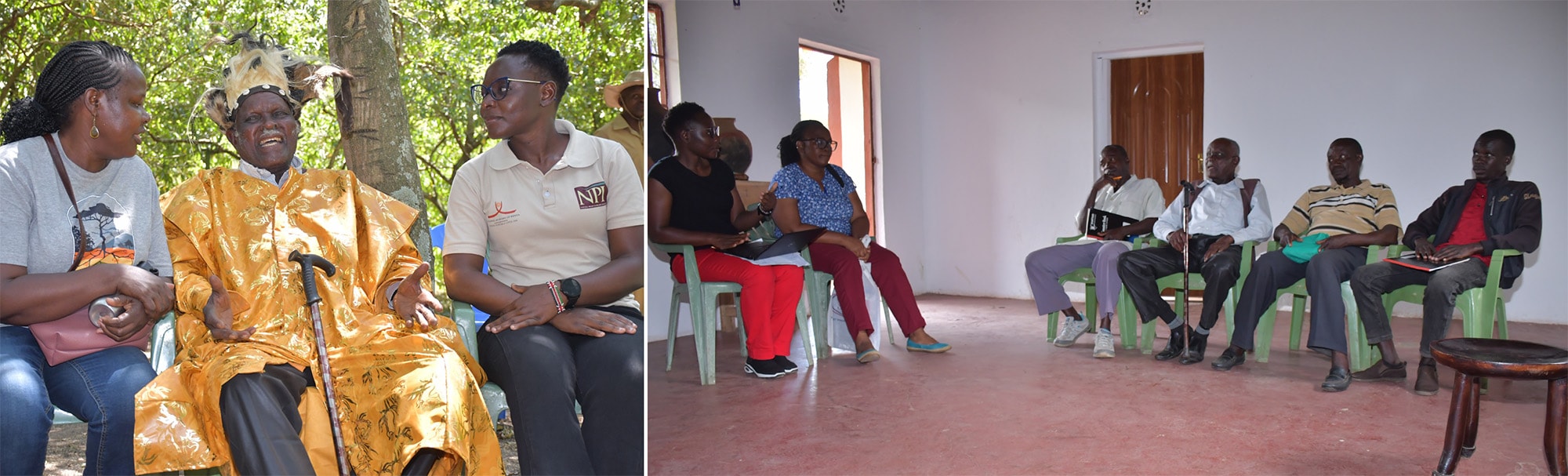 Left: With a traditional knowledge holder, whose expertise is central to the intergenerational transfer of knowledge and skills; right: Having a session with the project trainers
